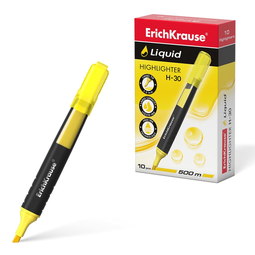 Текстовыделитель ErichKrause Liquid H-30 жидк.чернила желтый