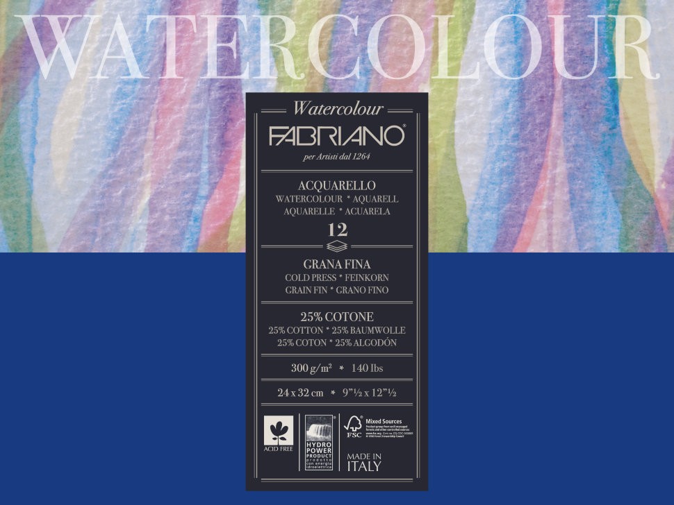 Альбом для акварели Fabriano 24*32см 12л 300г/м2 склейка мелкое зерно