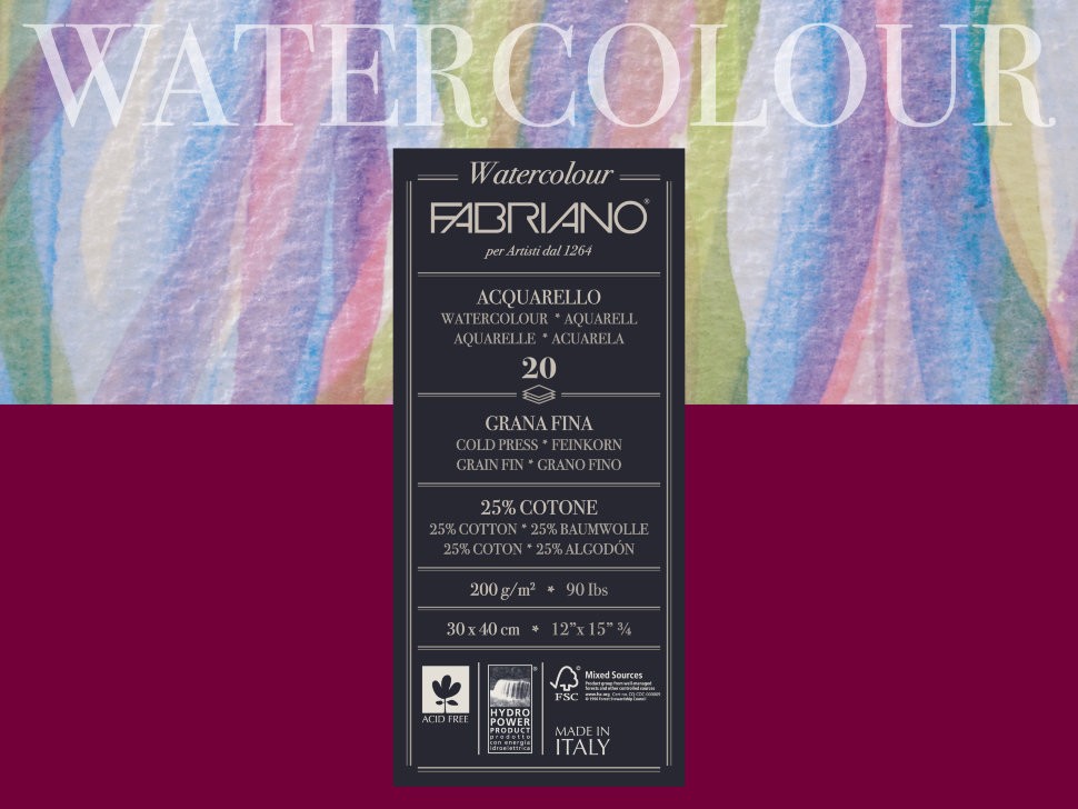 Альбом для акварели Fabriano 30*40см 20л 200г/м2 склейка с четырех сторон среднее зерно